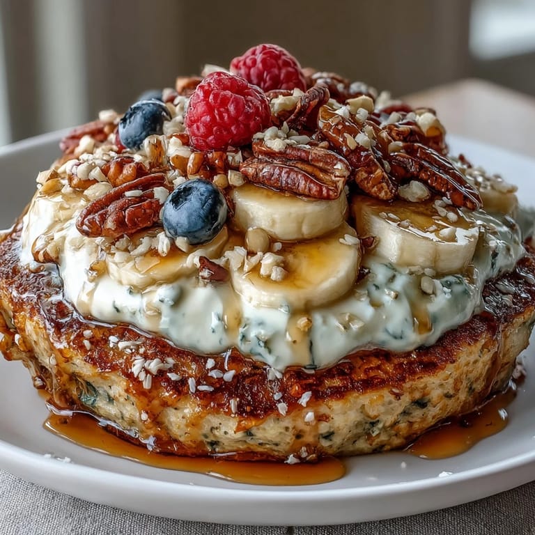 Thick, golden Protein Pancake Bowl filled with oats and bananas, generously layered with berries and a swirl of nut butter.