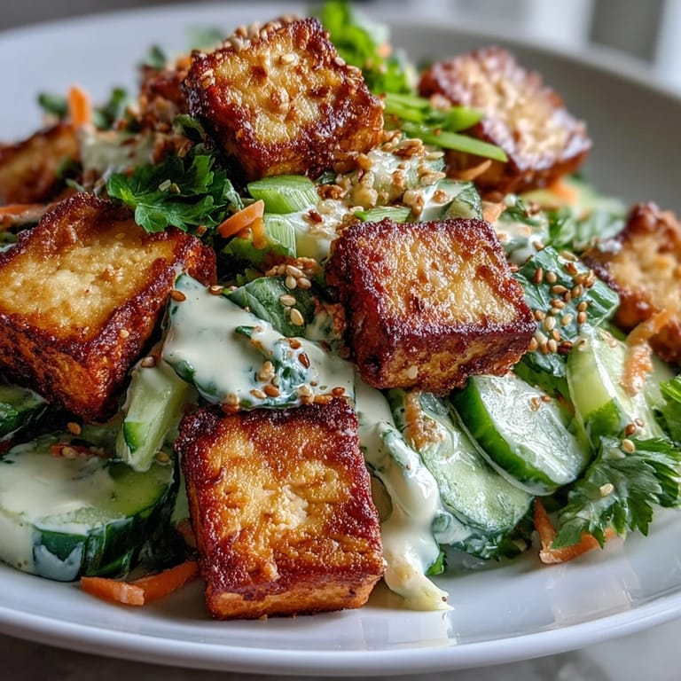 Close-up of Crispy Tofu in Creamy Asian Cucumber Salad, featuring crunchy cucumber slices and a drizzle of sesame-ginger dressing for a refreshing lunch.