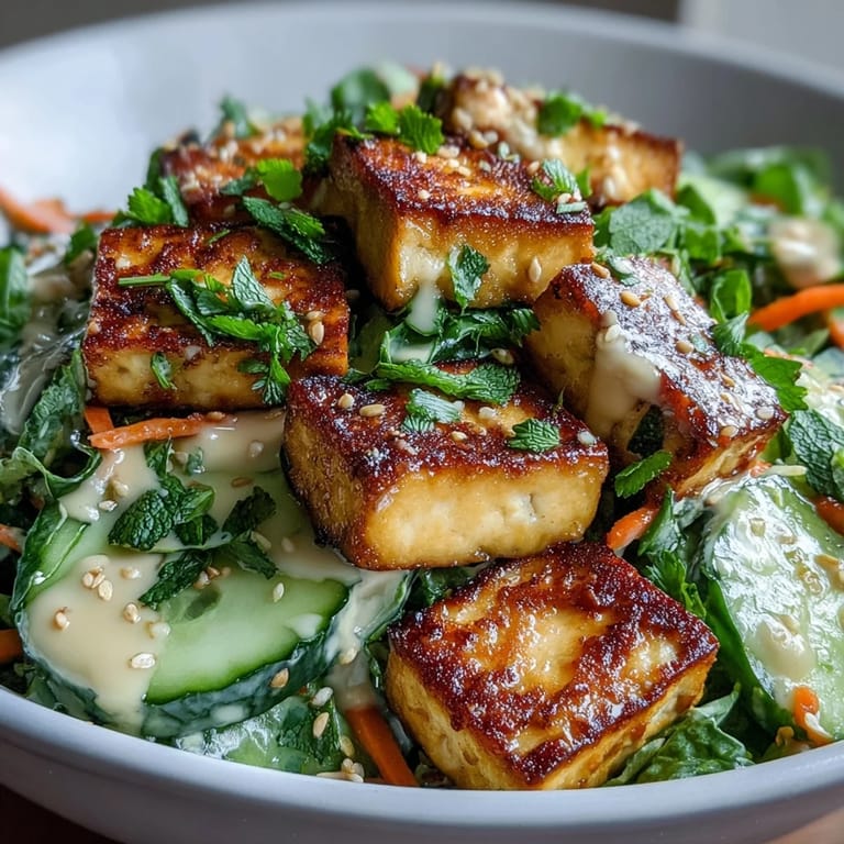 A vibrant serving of Creamy Asian Cucumber Salad with Crispy Tofu, perfect for a vegetarian meal, paired with lime wedges and fresh cilantro.
