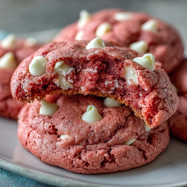 Vibrant Pink Velvet Cookies on a cooling rack with melted white chocolate chips.