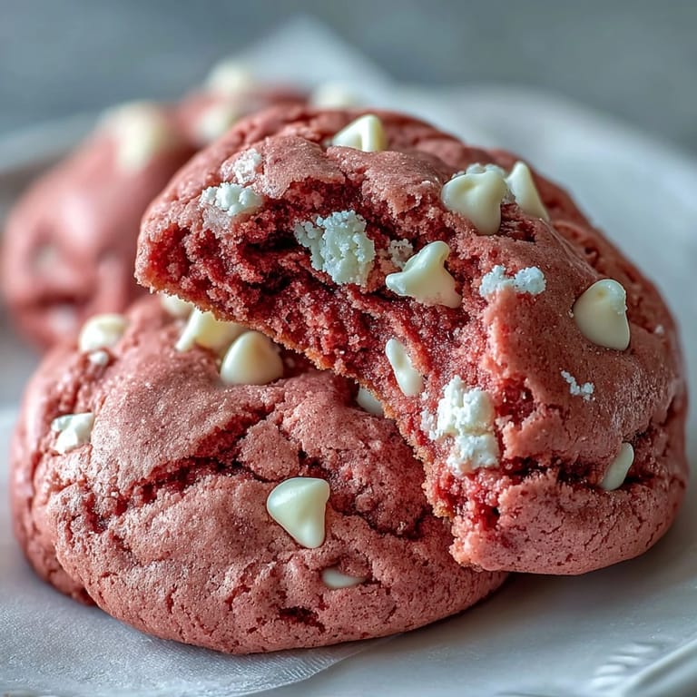 Baked Pink Velvet Cookies on a cooling rack, showing soft centers.