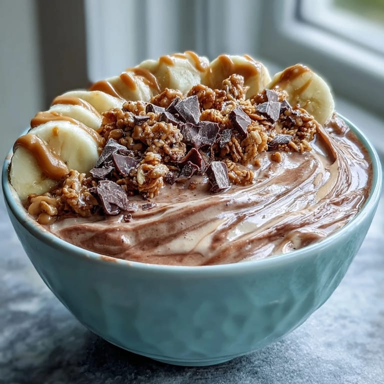 Drizzled peanut butter and chocolate chunks add texture to this breakfast bowl.