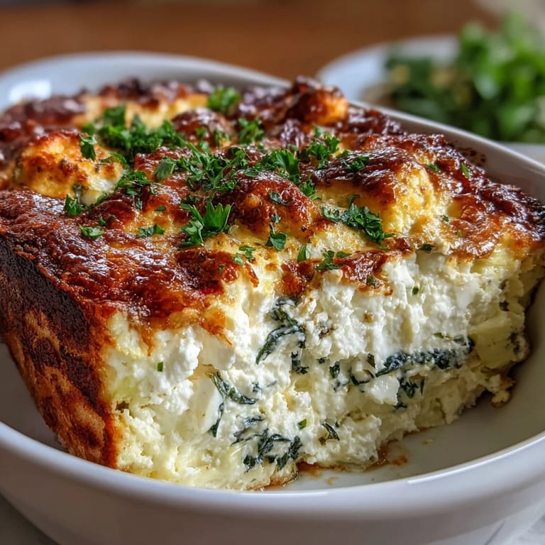 Close-up of High Protein Spinach Artichoke Casserole with a cheesy, golden-brown crust, showcasing the rich, creamy, and protein-packed ingredients inside.