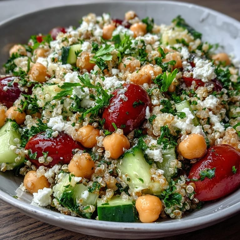 A close-up of High Protein Quinoa & Chickpea Salad showing fluffy quinoa, diced cucumbers, and creamy feta cheese in a colorful, appetizing display.