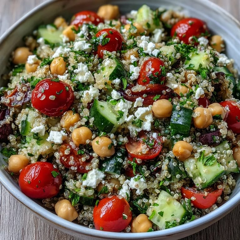 Freshly prepared High Protein Quinoa & Chickpea Salad served in a white bowl, topped with fresh parsley and ready for a healthy lunch.