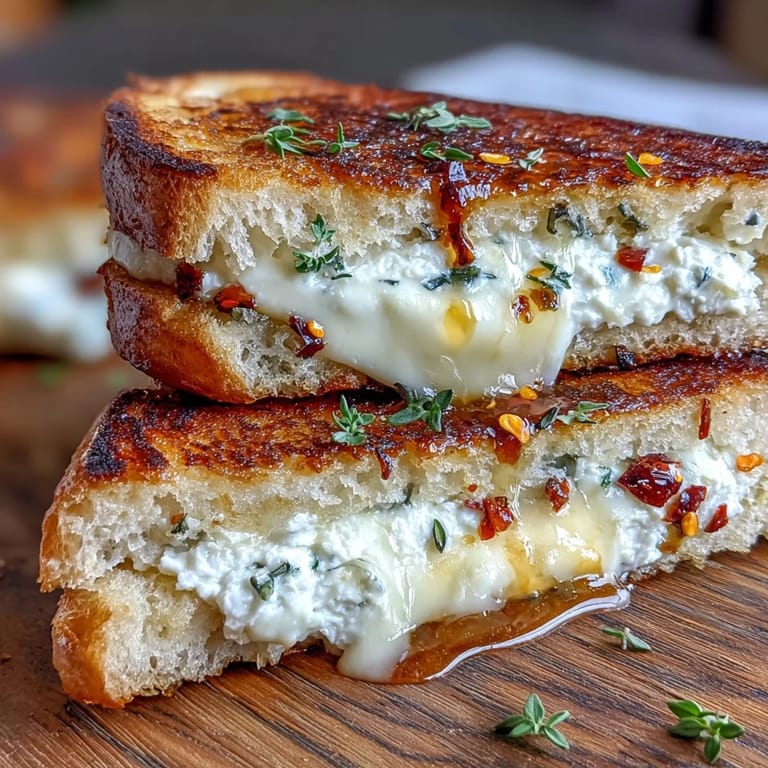 Two halves of a crispy sourdough grilled cheese revealing a creamy chèvre filling with red pepper flakes.