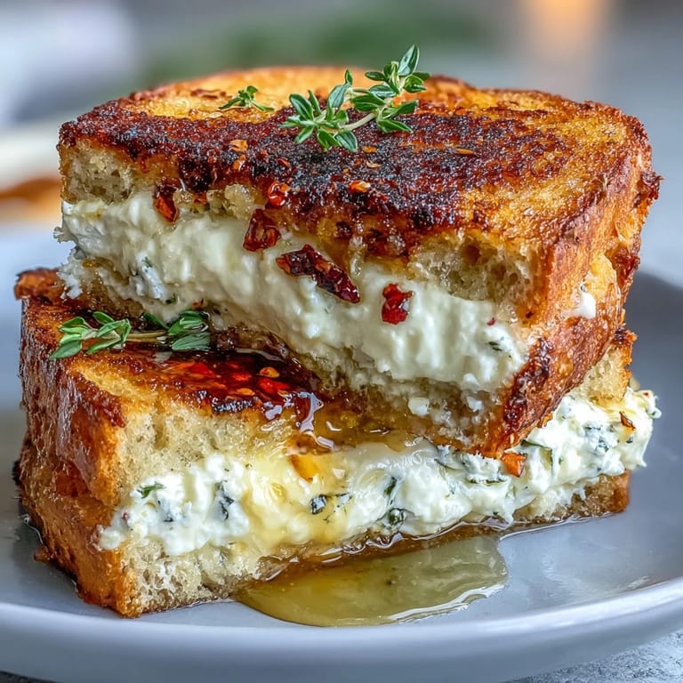 Close-up of a buttery goat cheese grilled cheese on sourdough with honey and chili flakes on a plate.