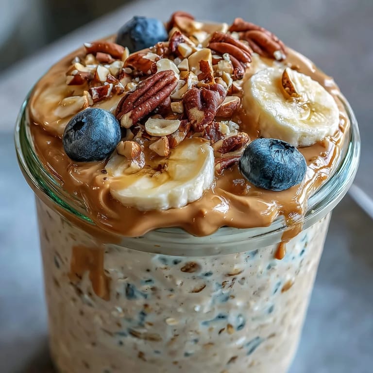 A spoon digs into a thick jar of High-Protein Peanut Butter Overnight Oats, garnished with a maple syrup drizzle.
