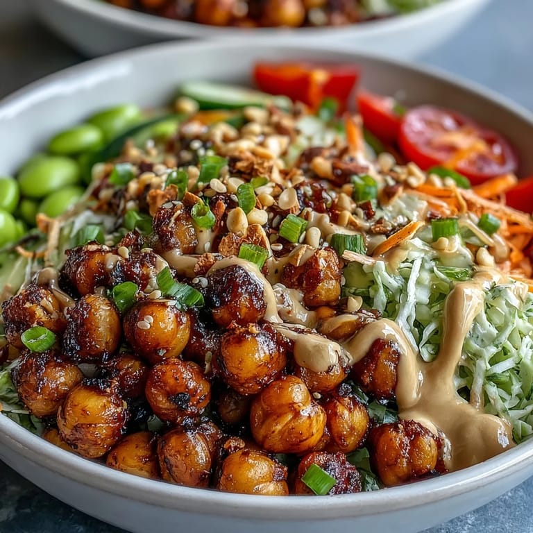 A close-up of a nutritious Peanut Chickpea Protein Bowl with golden chickpeas, fresh cilantro, and lime wedges ready to serve.