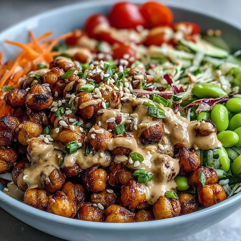 Creamy peanut sauce is drizzled over a colorful bowl featuring cherry tomatoes, cucumbers, and edamame for a quick weeknight dinner. 