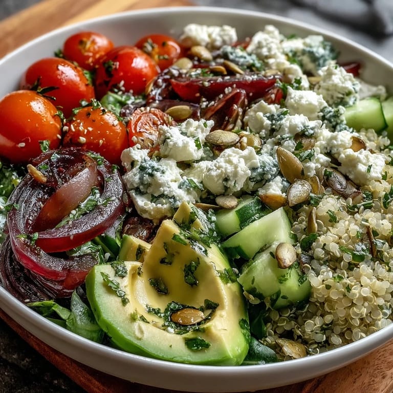 Perfect for lunch, a Simple Grain Bowl with farro, feta, pumpkin seeds, and vibrant veggies is ready.