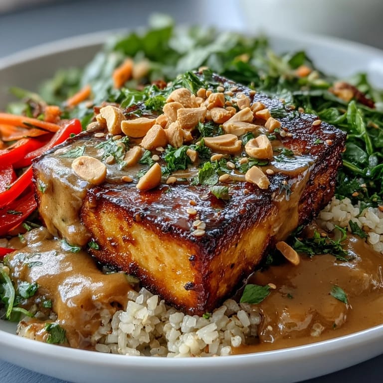 A close-up view of a freshly prepared Peanut Tofu Power Bowl highlights crunchy peanuts, fresh cilantro, and a glossy peanut dressing coating the plant-based ingredients.