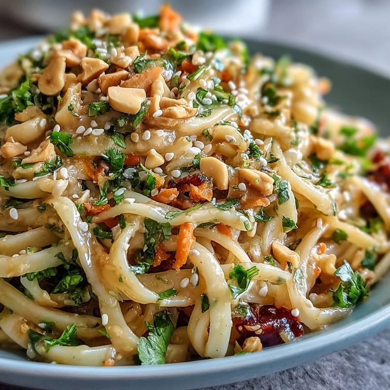 Plated Asian Peanut Noodle Bowl served with lime wedges on the side, perfect for a quick vegetarian lunch or dinner.