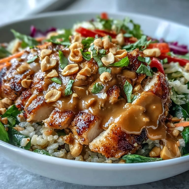 Overhead view of a Peanut Chicken Power Bowl with grains, colorful vegetables, chopped peanuts, and lime wedges for serving.