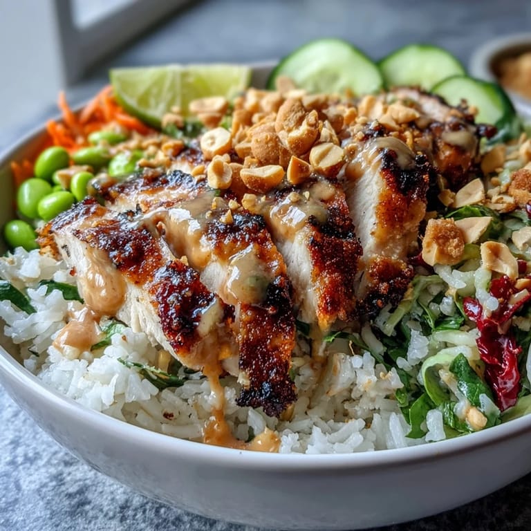 A vibrant bowl of Coconut Rice Peanut Bowl, featuring succulent chicken and crisp veggies with a drizzle of peanut sauce.