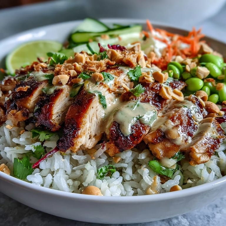 Close-up of a nutritious Coconut Rice Peanut Bowl showing fluffy rice, tender grilled chicken, and fresh, colorful vegetables.