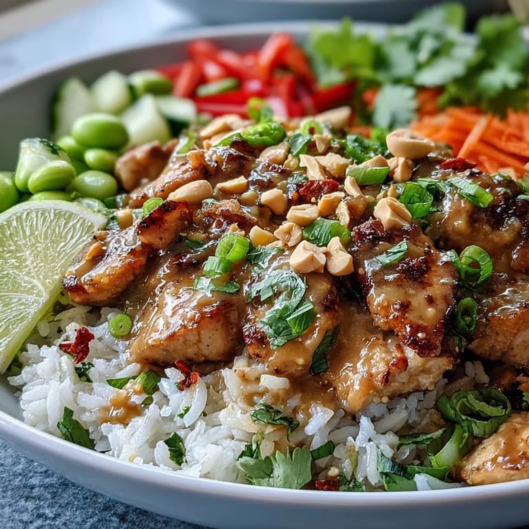 Close-up of a Thai Peanut Chicken Bowl with crisp cucumbers, bell peppers, and carrots adding crunch beside saucy chicken.
