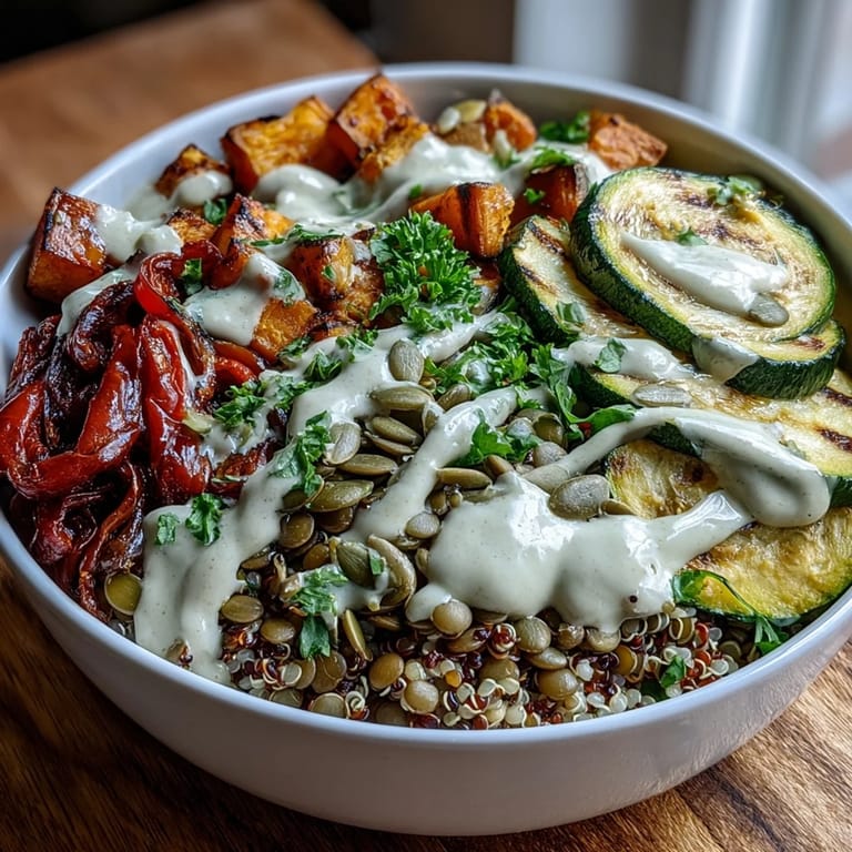 Hearty Lentil Power Bowl drizzled with creamy tahini dressing and topped with pumpkin seeds. 