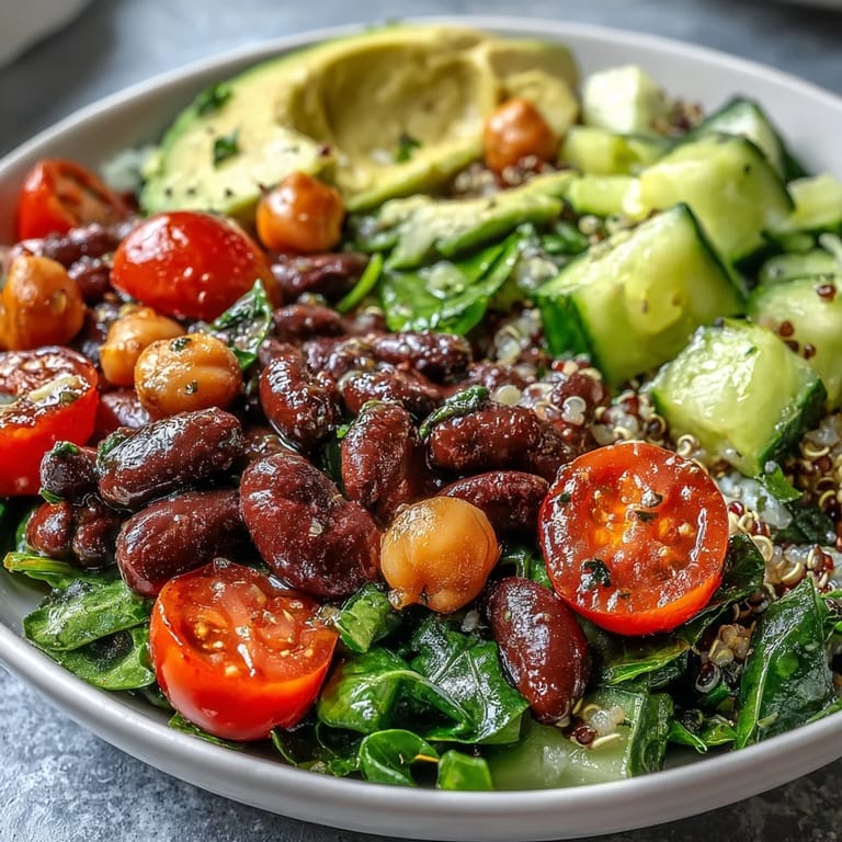 Close-up of the Three-Bean Power Bowl showing chickpeas, black beans, and kidney beans mixed with red bell peppers, tomatoes, and a zesty lemon dressing.