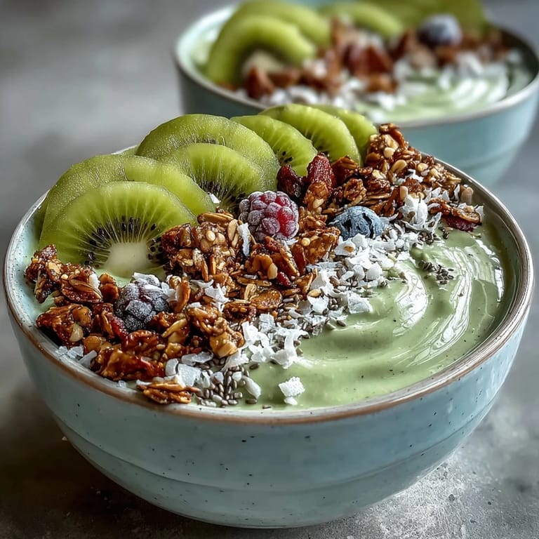 Earthy roasted hojicha blended into a thick, chilled smoothie bowl garnished with chia seeds and coconut flakes.