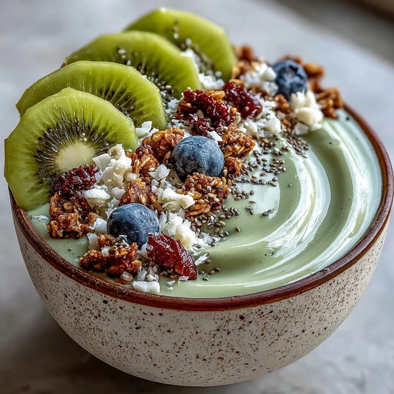 Two vibrant Hojicha Smoothie Bowls with almond milk base and colorful fruit, ready to be enjoyed with a spoon.