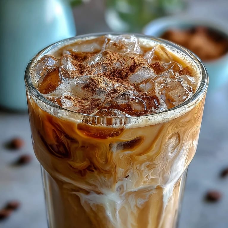 Creamy Iced Hojicha with Cinnamon clinking with ice cubes, garnished with cinnamon spice and ready for a refreshing afternoon sip.