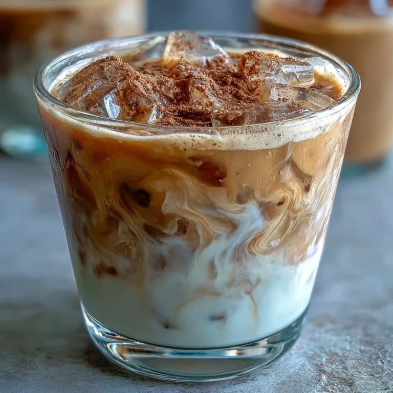 Two glasses of Iced Hojicha with Cinnamon topped with cinnamon dust, beside hojicha leaves and a honey drizzle for sweetness.