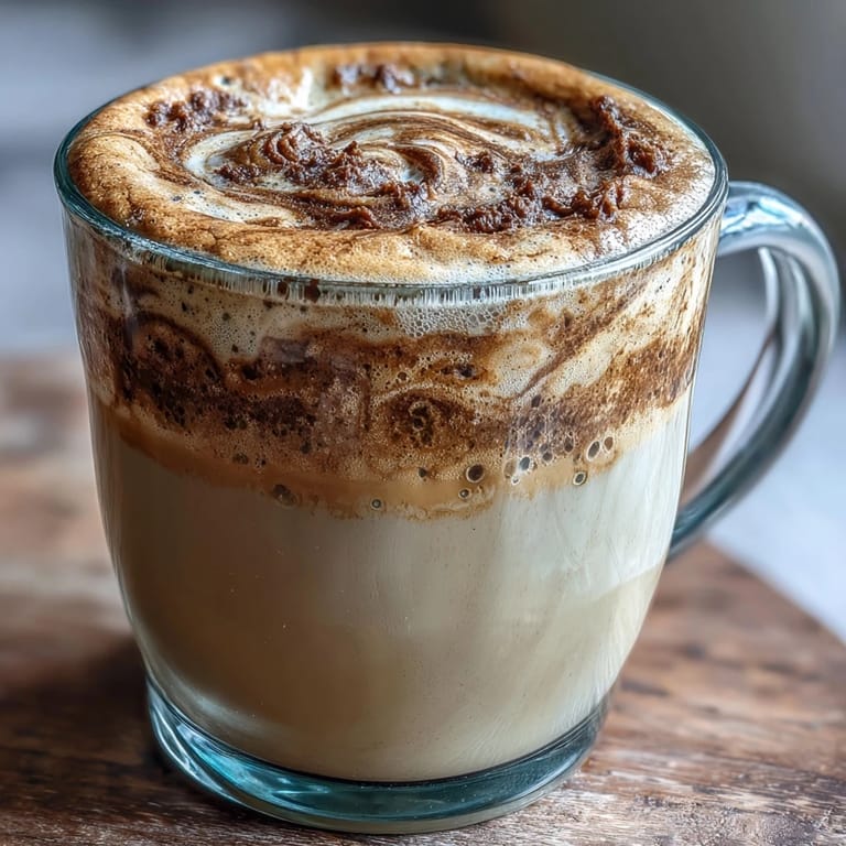 Creamy Hojicha Latte with Vanilla Extract being poured from a saucepan into a ceramic mug, steam rising.
