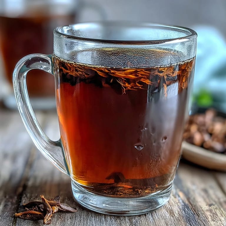Homemade Hojicha Americano served black in a clear glass mug.