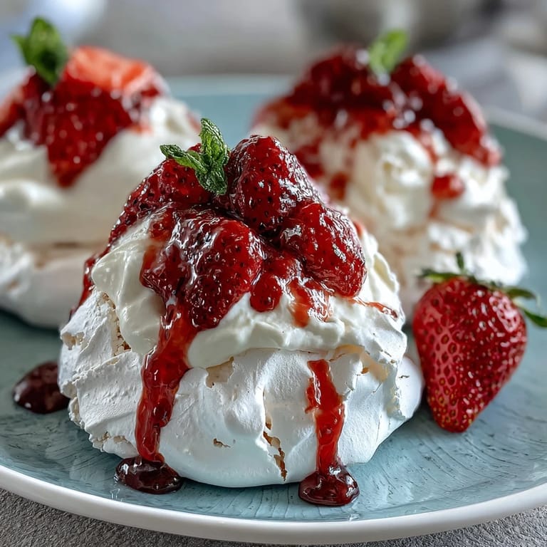 Delicate, golden-brown mini pavlovas topped with swirls of whipped cream and bright red strawberries for a stunning dessert.