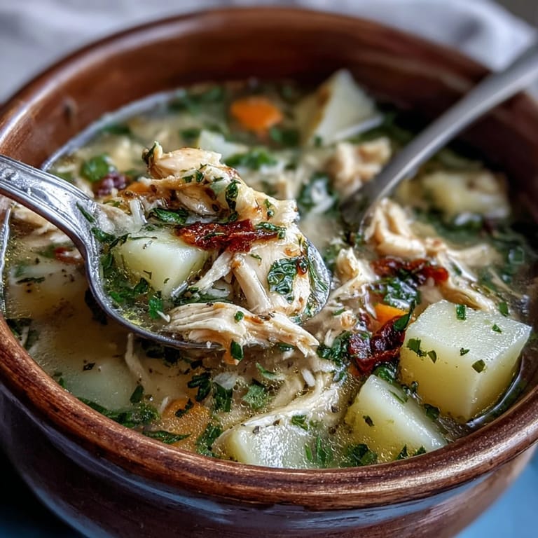Slow Cooker Chicken Pot Pie Soup featuring hearty chunks of chicken, potatoes, and peas in a velvety, herb-infused cream base.