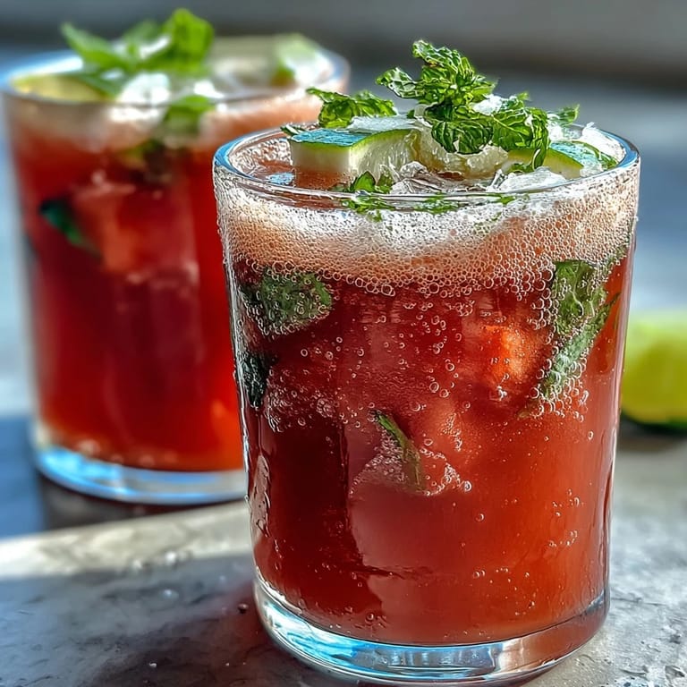 Refreshing watermelon lime sparkling punch with ice cubes, garnished with mint and lime wedges.
