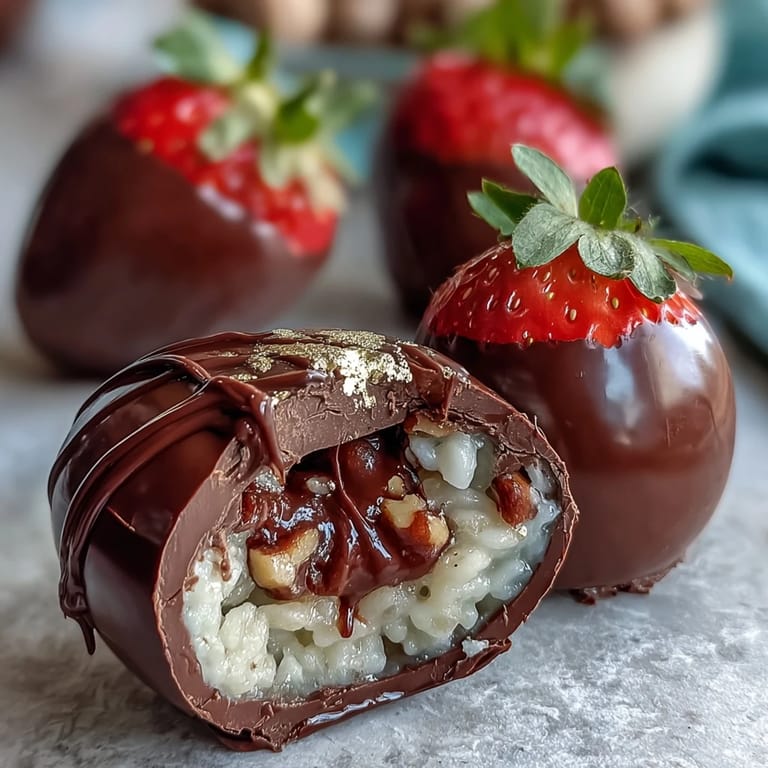 Crispy strawberry-chocolate Easter eggs filled with hazelnut spread and crunchy crisped rice, finished with edible gold leaf.  