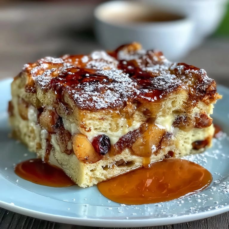 Warm Blueberry Pancake Casserole fresh from the oven, topped with a sprinkle of turbinado sugar and dusted with powdered sugar.  