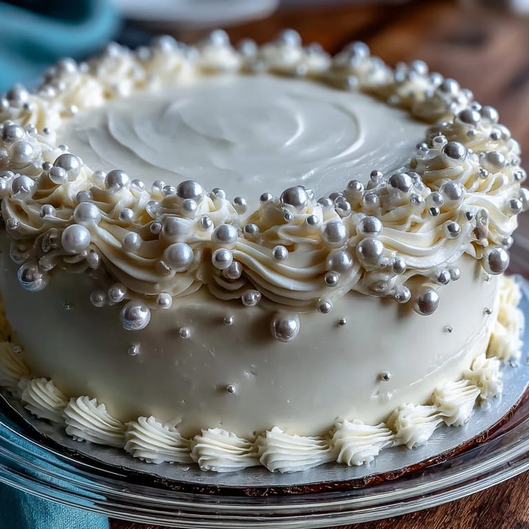 Beautiful Communion party cake with pearl fondant, shimmering finish, and delicate edible pearl accents, perfect for a sacred gathering.  