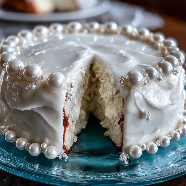 Sheet cake with pearl fondant, shimmering and smooth, adorned with edible pearls, ideal for a First Communion party centerpiece.