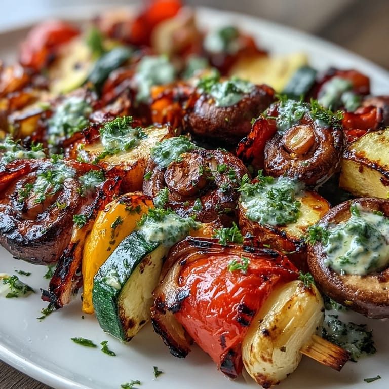 Brightly charred veggie skewers with chimichurri, showcasing seasonal produce and fresh herbs, ideal for outdoor dining.