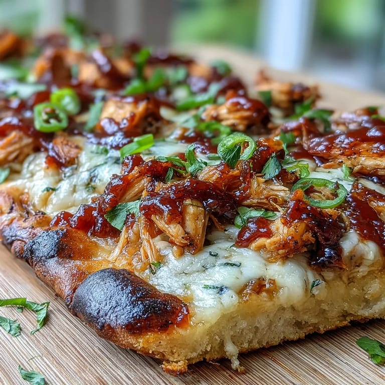 Smoky BBQ chicken, red onion, and bell peppers top this golden flatbread pizza—a perfect quick and satisfying meal.  