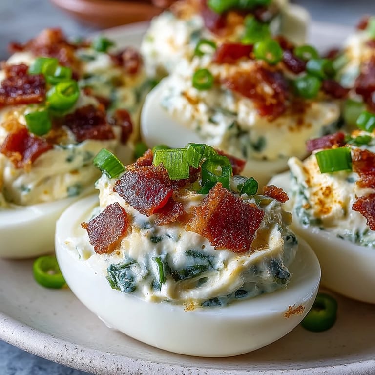 Creamy jalapeño popper deviled eggs topped with bacon and fresh jalapeño slices for a zesty appetizer.  