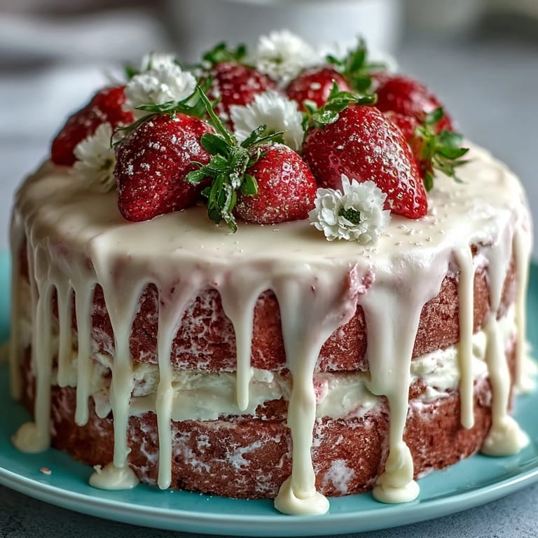 Spring Cake: Floral Drip Cake with Strawberry Frosting, featuring moist vanilla sponge layers, creamy strawberry frosting, and a white chocolate drip, crowned with edible flowers.