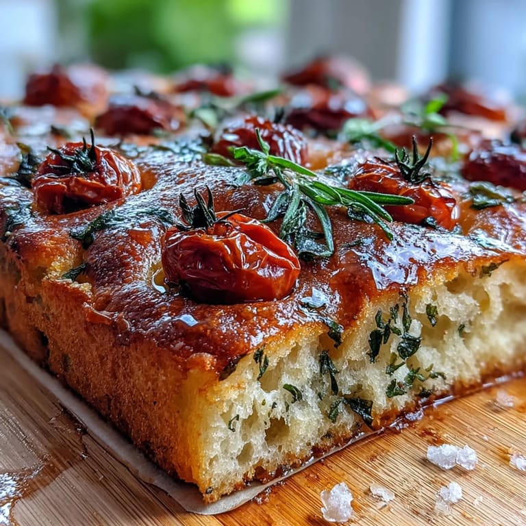 Homemade focaccia bread bursting with juicy cherry tomatoes, fresh chives, and thyme, ideal for sharing at gatherings.