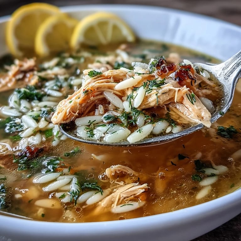 Silky Greek lemon chicken soup with orzo, shredded chicken, and fresh dill, served hot and garnished with lemon wedges.
