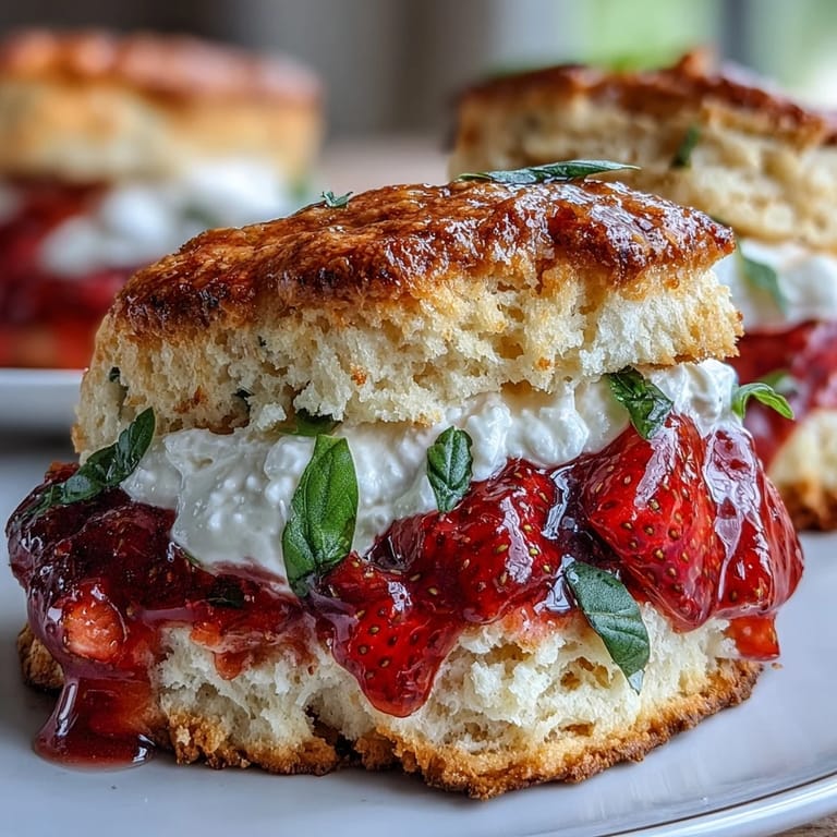 Close-up of flaky Strawberry Basil Shortcake Biscuits, showcasing sweet strawberry and basil filling.