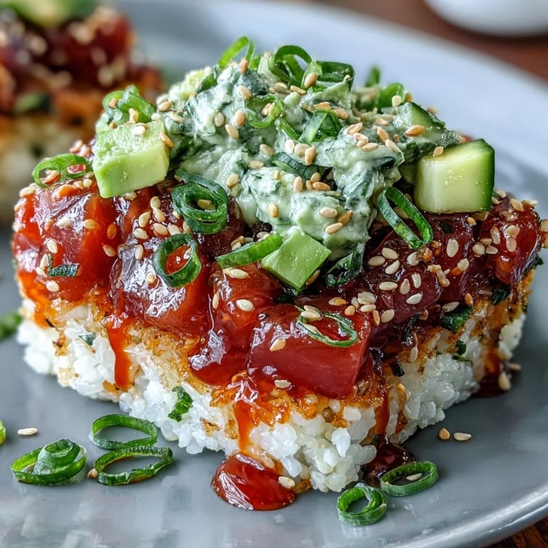 Mouthwatering crispy rice salad with avocado, spicy tuna, and fresh, bright ingredients.