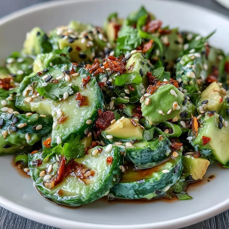 Creamy smashed cucumber and avocado salad, drizzled with sesame dressing, ready to serve.