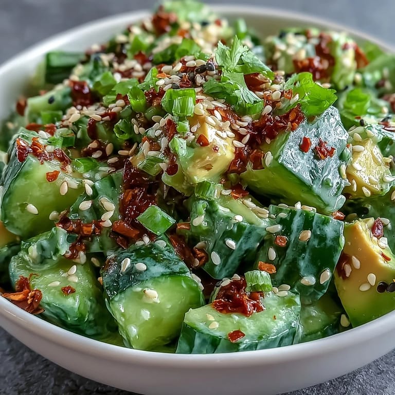 Bright smash cucumber and avocado salad, crunchy with sesame, perfect for lunch.