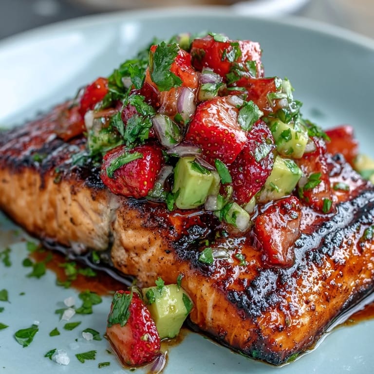 Juicy salmon fillets crowned with refreshing, colorful strawberry avocado salsa.