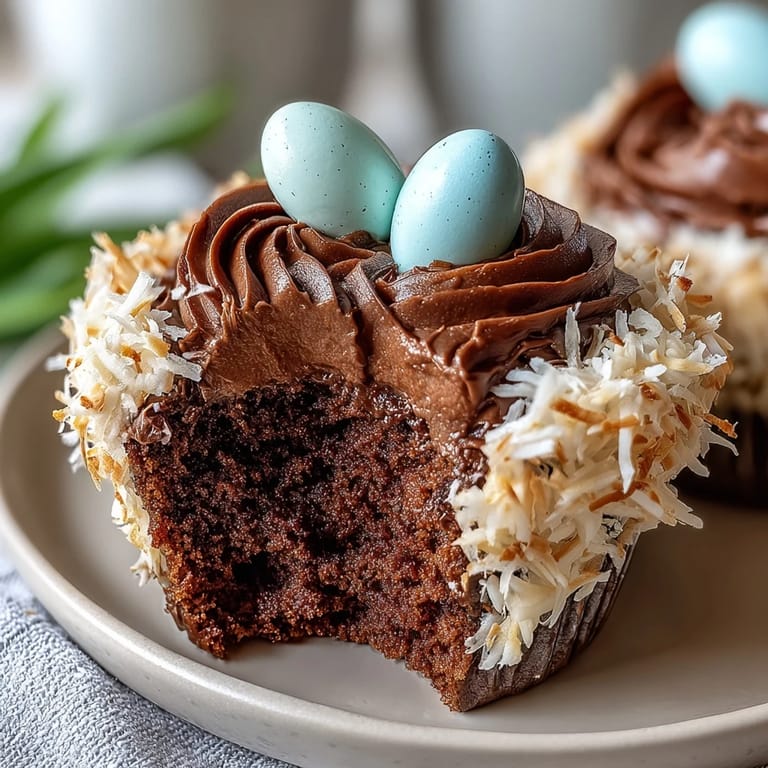Rich chocolate cupcakes with creamy buttercream nests and pastel candy eggs, ideal for Easter dessert tables.