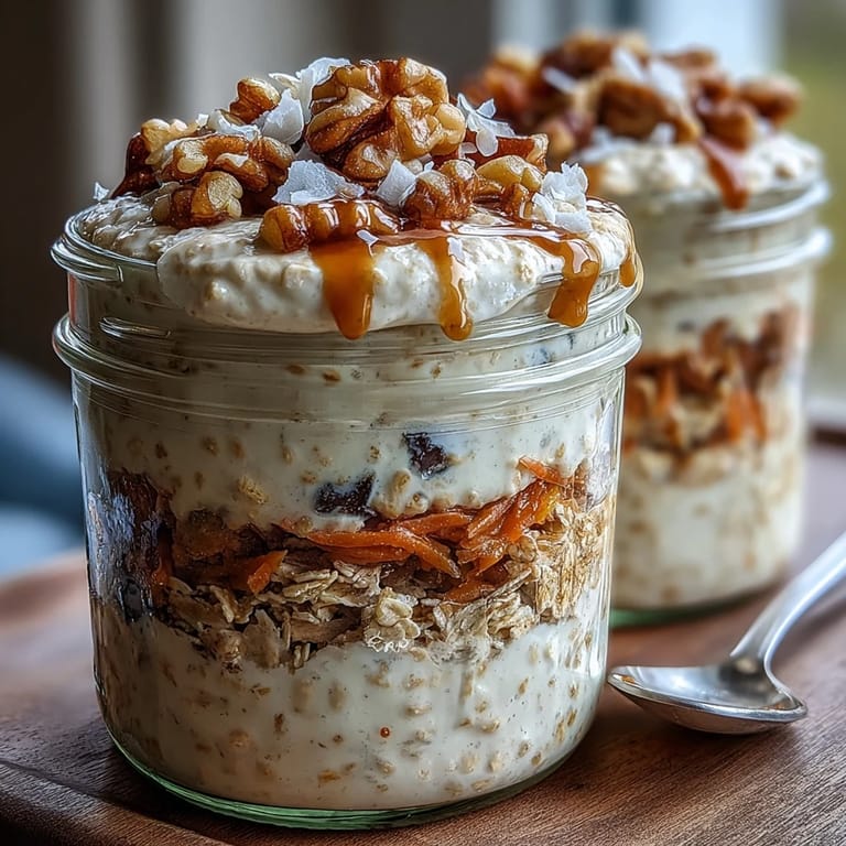 Spiced carrot cake overnight oats with cinnamon, nutmeg, and grated carrots, chilled overnight for a nourishing morning meal.  