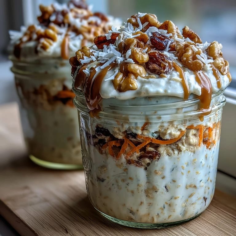 Decadent carrot cake overnight oats layered with raisins and walnuts, served with a dollop of Greek yogurt for extra creaminess.